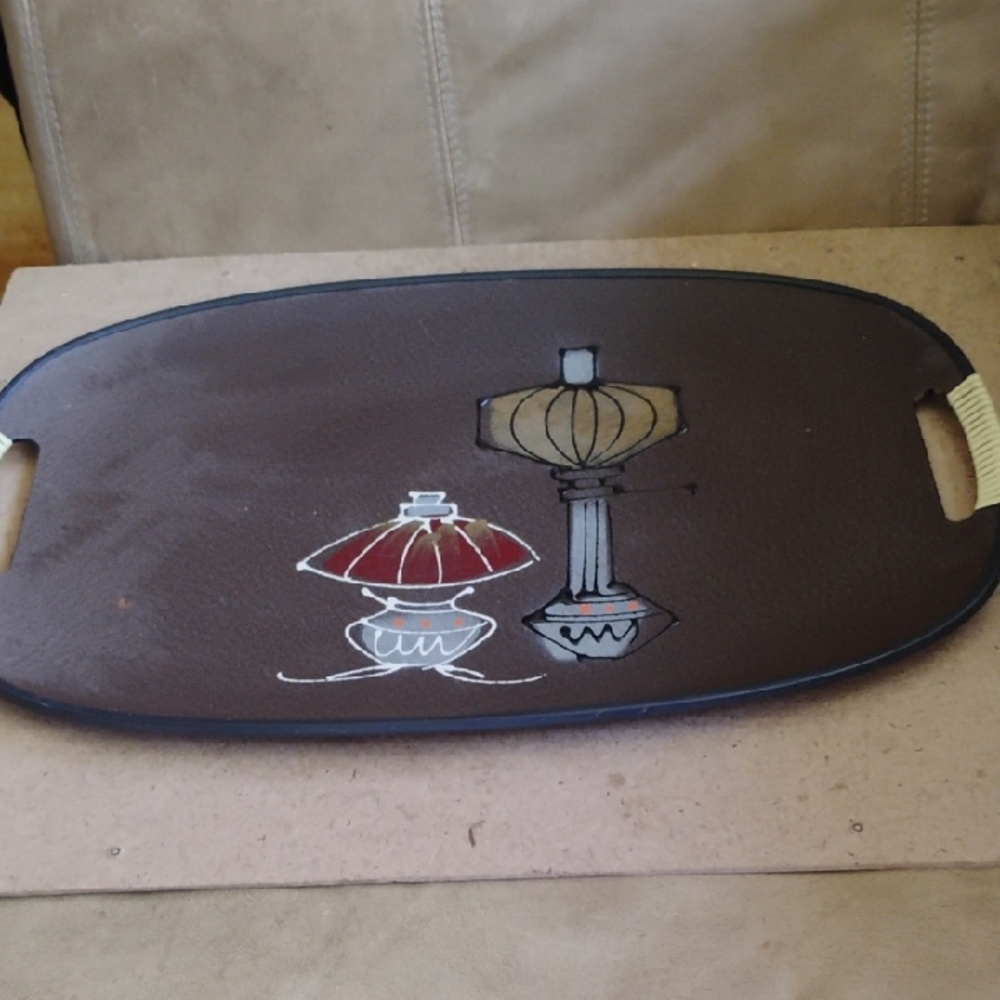 Decorative Brown Serving Tray with Lamp Design